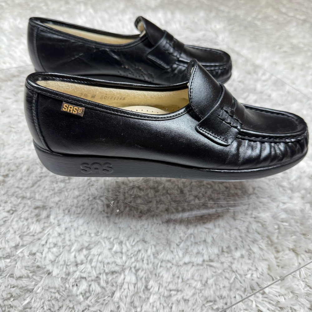SAS Shoes Women's 7.5 N Genuine Leather Black Penny Loafers Comfort Slip On